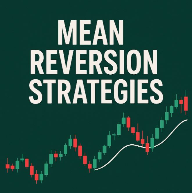 Product image for "Mean Reversion Strategies" featuring a candlestick chart and moving average on a dark green background.